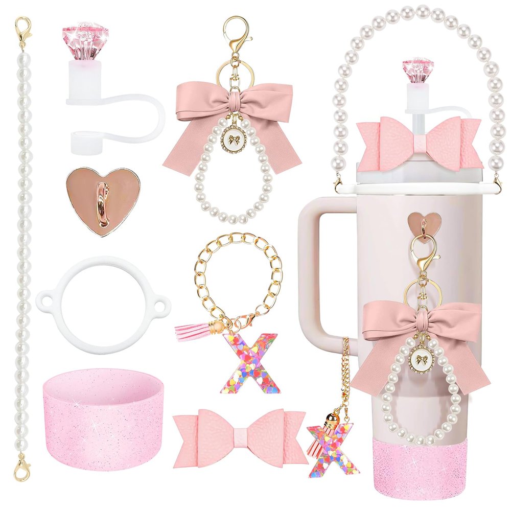 8Pcs Pink Stanley Cup Accessories Set for Stanley Cup 30&40 Oz Tumbler - Silicone Straw Cover Cap and Boot, Letter Charm for Handle, Bow Straw and Charm Decoration, Pearl Water Bottle Handle Strap(X)