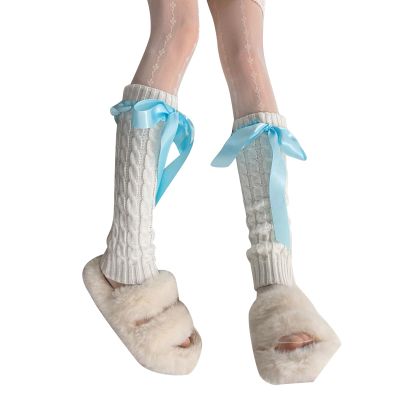 BLULILY Women Japanese Style Ruffle Knitted Long Leg Warmers Knee High Boot Stockings Ballet Style Lace Up Leg Sover Socks
