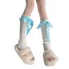 BLULILY Women Japanese Style Ruffle Knitted Long Leg Warmers Knee High Boot Stockings Ballet Style Lace Up Leg Sover Socks view 1