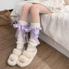 BLULILY Women Japanese Style Ruffle Knitted Long Leg Warmers Knee High Boot Stockings Ballet Style Lace Up Leg Sover Socks view 3