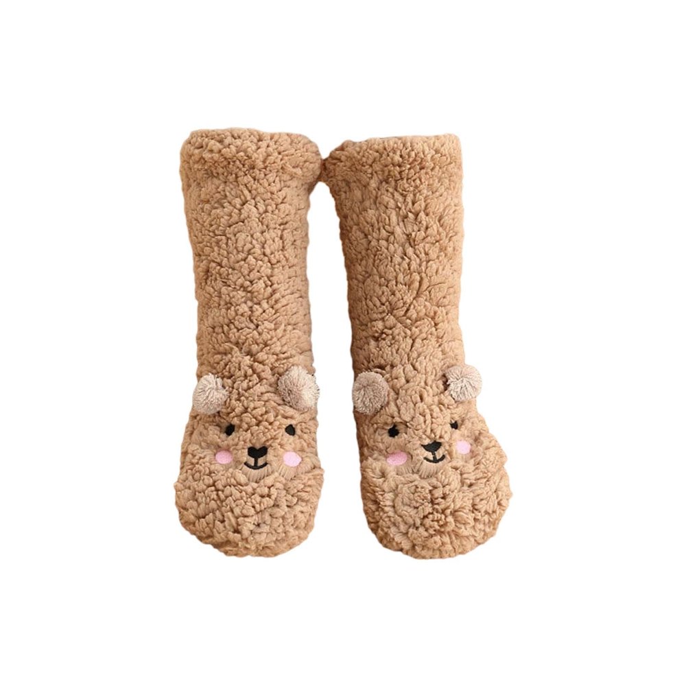 BLULILY Women Winter Cute Bear Embroidery Fuzzy Slipper Socks Non Slip Warm Socks with Grips Furry Plush Sock for Home Sleeping