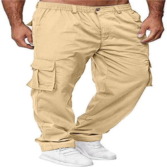 HUNGSON Mens Casual Cargo Pants - Sweatpants Joggers Athletic Trouser Cotton Loose Straight Hiking Pants for Men Beige