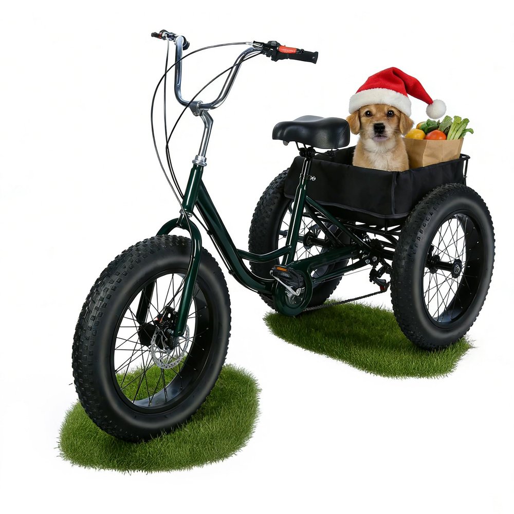 kamulouk Tricycle for Adults, Adult Tricycle with Shopping Basket and 20 Inch Big Snow Tires, 3 Wheel Bikes for Adults with 7 Speed and Double Disc Brake, Dark Green