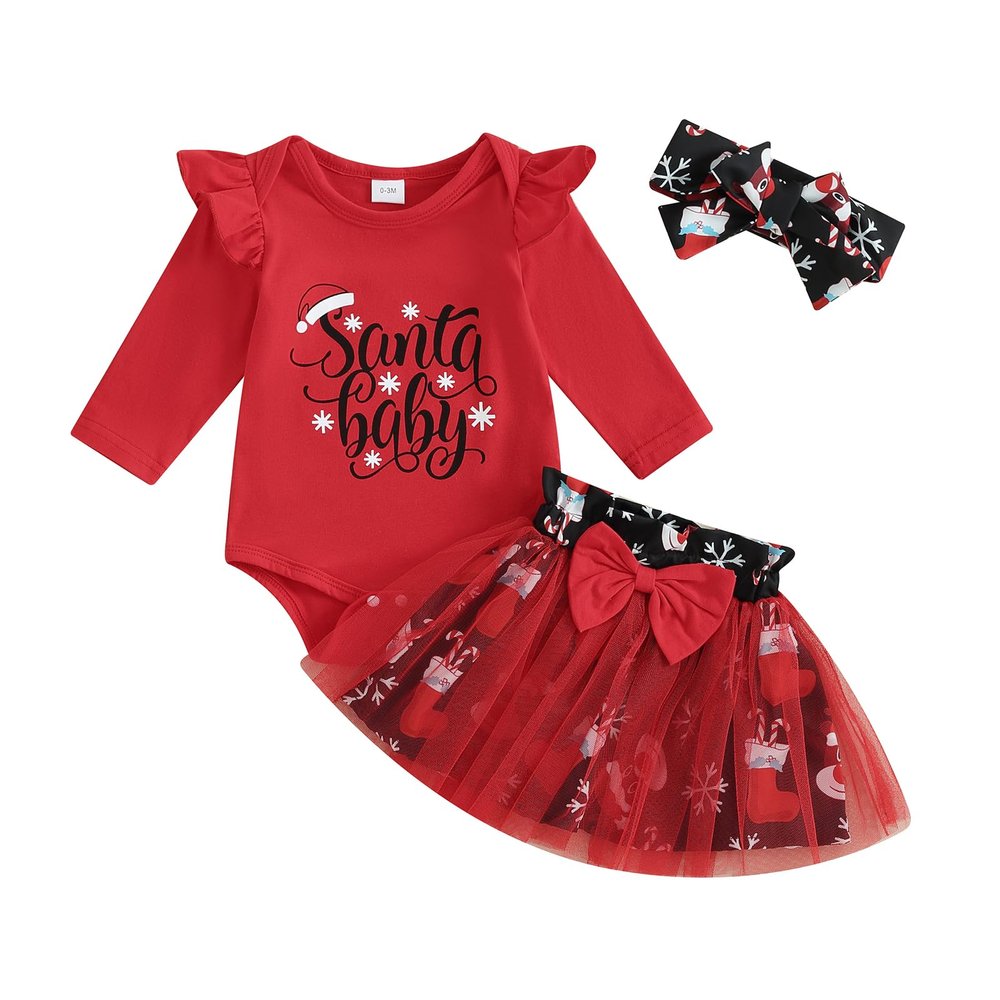 Karwuiio Baby Girl First Christmas Outfit Long Sleeve Romper Tops with Tulle Skirt 3Pcs Infant Fall Clothes Sets (Red, 12-18 Months)