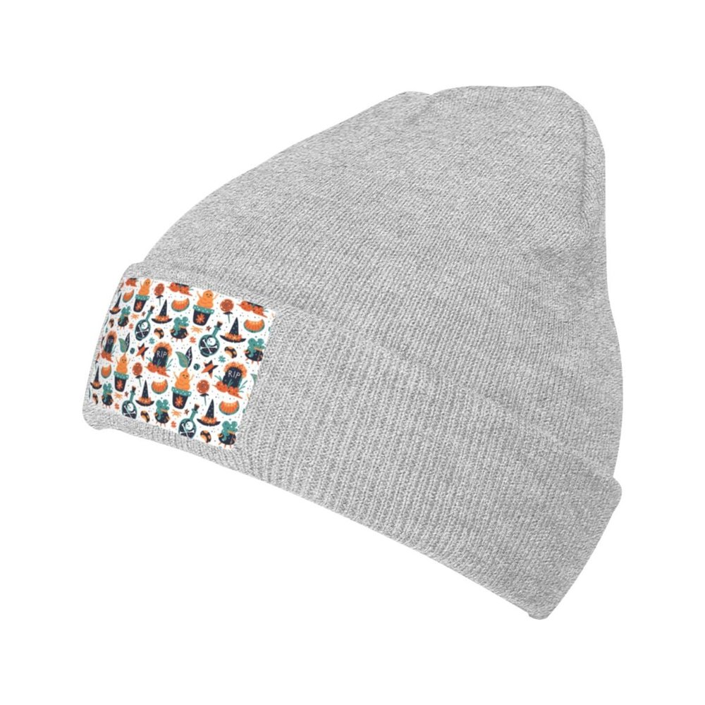 MULIHU Happy Halloween Seamless Pattern Beanie Hat for Men Women Winter Warm Knit Hats Ski Hat Skull Cap Gray