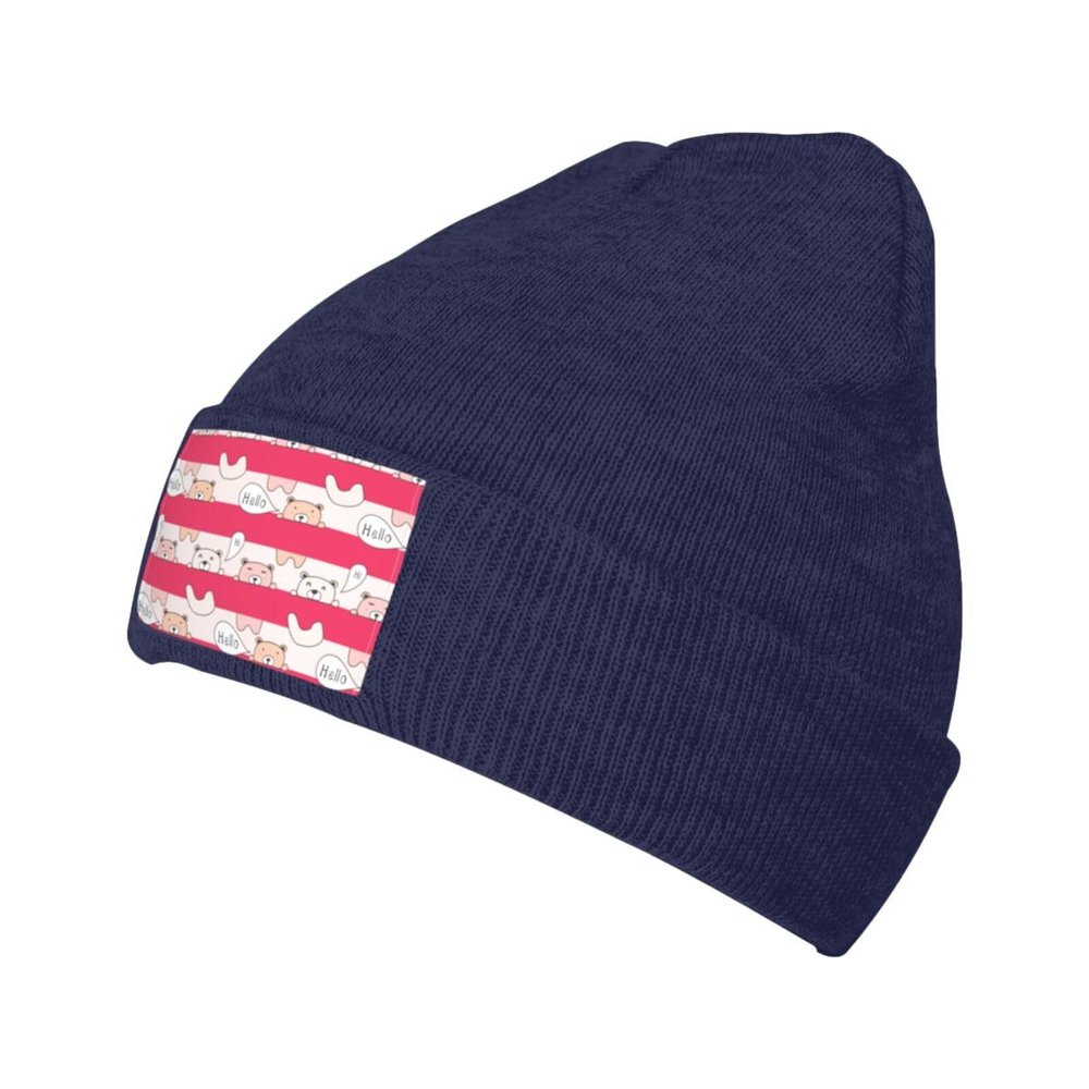 MULIHU Cute Bear Seamless Pattern Beanie Hat for Men Women Winter Warm Knit Hats Ski Hat Skull Cap Navy Blue