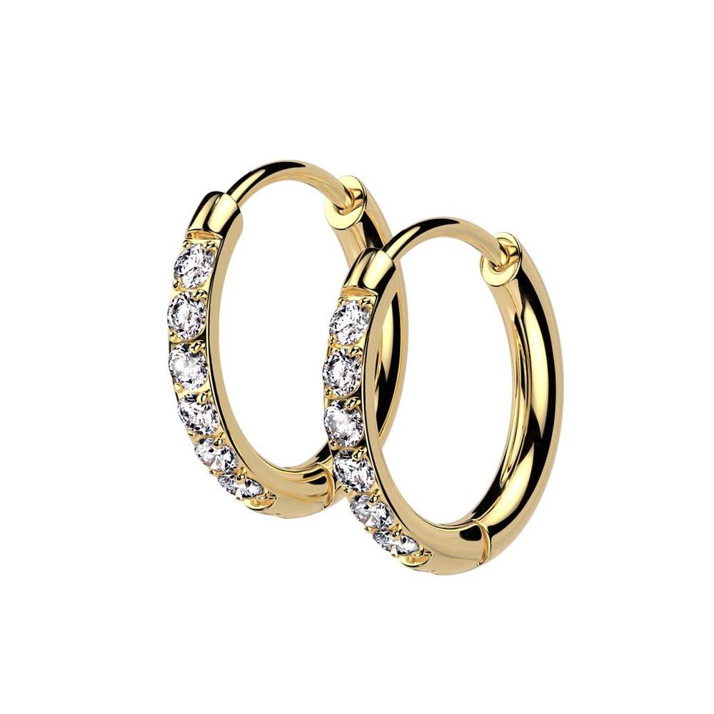 20GA 316L Stainless Steel CZ Crystal Lined 2mm Thin Hinged Huggie Hoop Earrings, Sold as a Pair (8mm Diameter, Gold Tone)