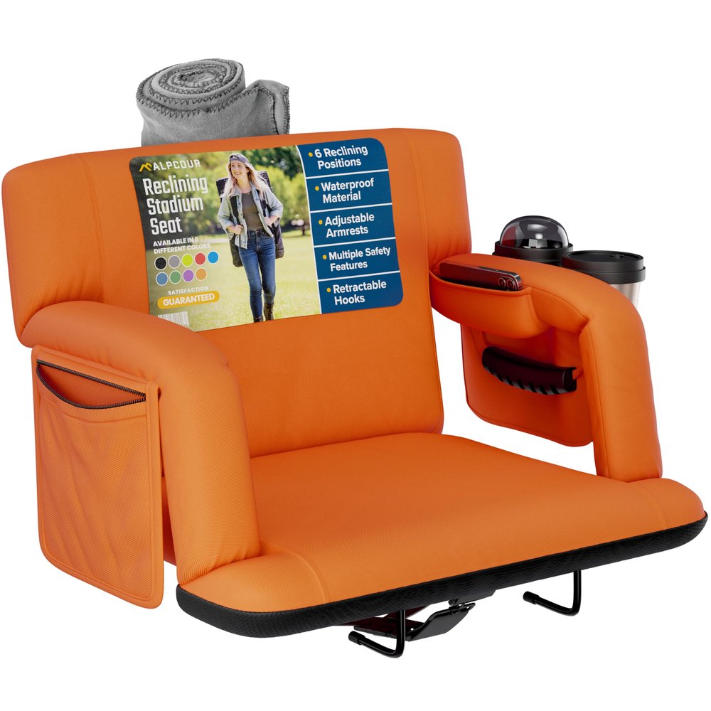Reclining Stadium Seats for Bleachers with Back Support  Wide Bleacher Chair Cushion, Armrests, Large Pockets, and Multiple Safety Features  Best Stadium Seat Chairs for Camping, Kayak Backs & More