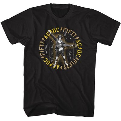 ACDC Fifty Years Angus Young Clock Mens Black Short Sleeve T Shirt Classic Rock Vintage Style Graphic Tee
