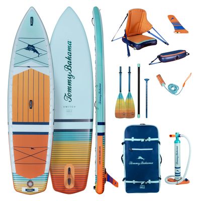 ISLE & Tommy Bahama Switch Inflatable Hybrid Kayak-Stand Up Paddle Board | 2in1 Bundle, Incl. Seat, Paddle, Pump, Travel Bag | 11.6 x 35.5 x 6 in - Max. 425 lbs - Sunset