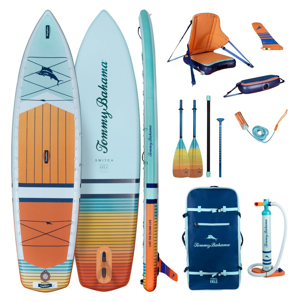 ISLE & Tommy Bahama Switch Inflatable Hybrid Kayak-Stand Up Paddle Board | 2in1 Bundle, Incl. Seat, Paddle, Pump, Travel Bag | 11.6 x 35.5 x 6 in - Max. 425 lbs - Sunset
