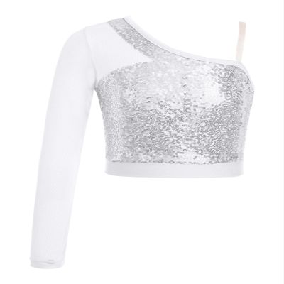 QinCiao Kids Girls Latin Jazz Dance Tops One Shoulder Long Sleeve Crop Top Raves Festivals Silver 5-6 Years