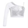 QinCiao Kids Girls Latin Jazz Dance Tops One Shoulder Long Sleeve Crop Top Raves Festivals Silver 5-6 Years view 1