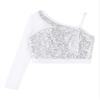QinCiao Kids Girls Latin Jazz Dance Tops One Shoulder Long Sleeve Crop Top Raves Festivals Silver 5-6 Years view 3
