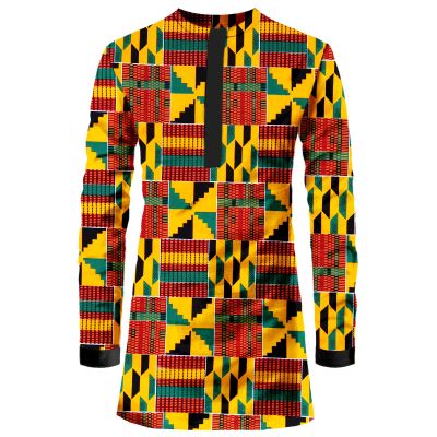 African Mens Shirt Traditional Long Sleeve Dashiki Print Cotton Wax Cloth Top V041 X-Large