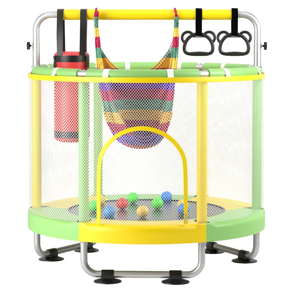 ZCMHAXJ 55" Trampoline for Kids with Enclosure, 440lbs Capacity Indoor & Outdoor Toddler Trampoline with Adjustable Gymnastics Bar & Toys, Gifts for Boys & Girls