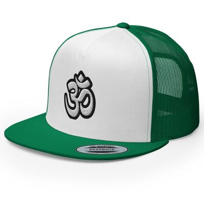 RIVEMUG NG Om Symbol Embroidered Flat Bill Trucker Hat High Crown Adjustable Cap