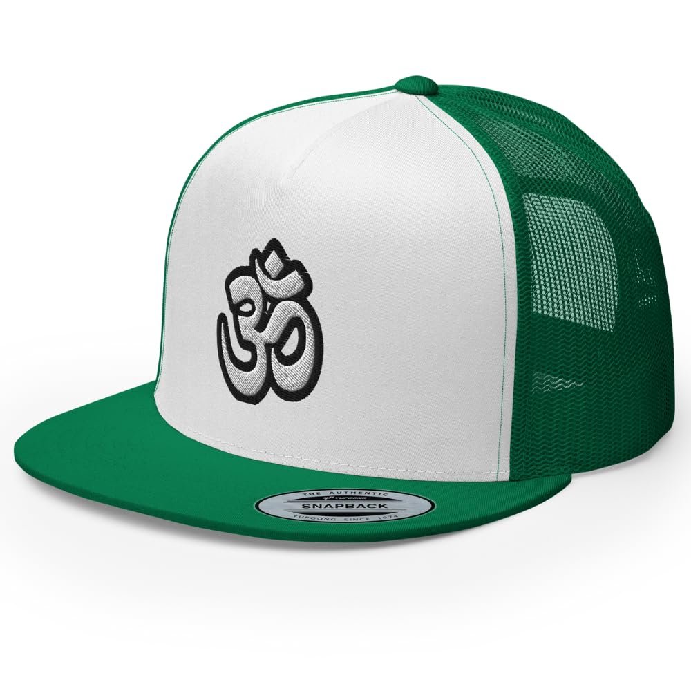 RIVEMUG NG Om Symbol Embroidered Flat Bill Trucker Hat High Crown Adjustable Cap