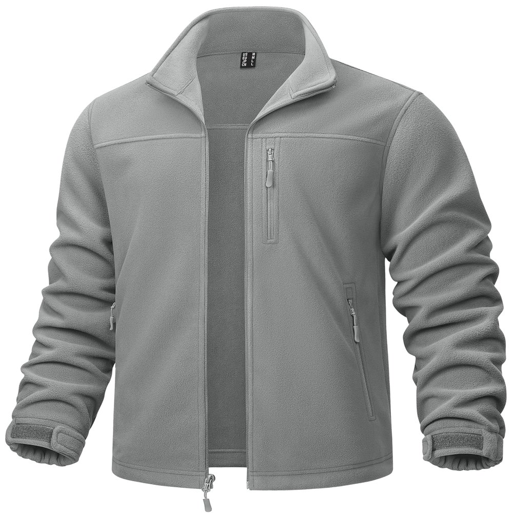 TACVASEN Men's Winter Fleece Jacket Zip Up Warm Tactical Jacket with Pockets Lightweight Coats Polar Fleece Casual Hiking Outdoor Hunting Light Grey L
