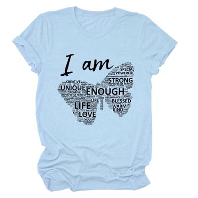 Women Casual Short Sleeve Printed T-Shirts I Am Powerful Strong Unique Enough Tee Tops Women Crew Neck Shirts Light Blue