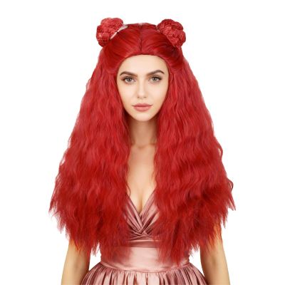 Aicos Red Curly Wig Long Red Costume Wig with Two Braid Buns for Halloween Costume Party