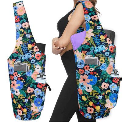 Yoga Mat Bag - Large Opening Long Tote Yoga Mat Carrier Holder Bag with Waterproof Wet Zipper Pocket and Drawstring Water Bottle Pocket - Yoga Bag Fit Most Size Mats - Floral