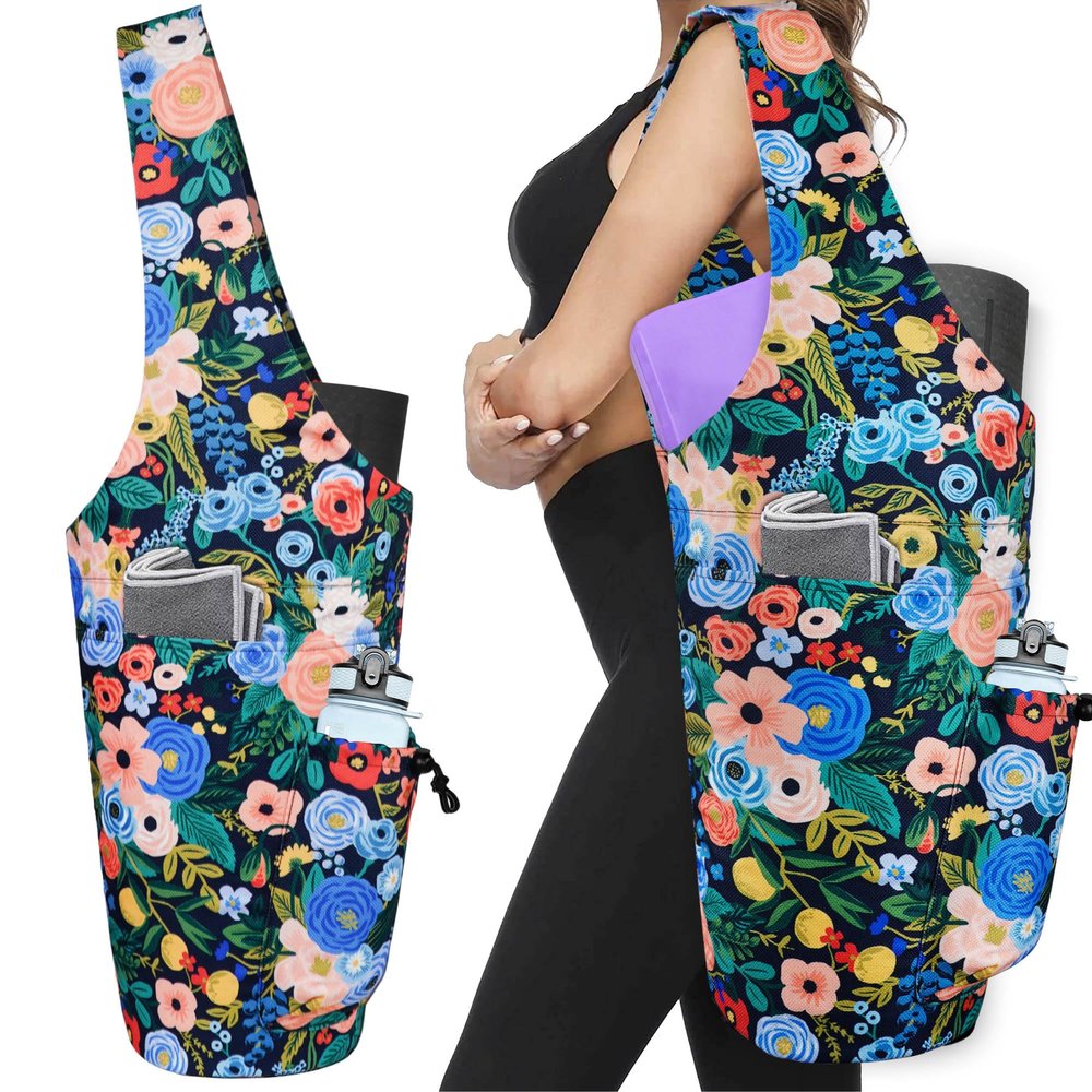Yoga Mat Bag - Large Opening Long Tote Yoga Mat Carrier Holder Bag with Waterproof Wet Zipper Pocket and Drawstring Water Bottle Pocket - Yoga Bag Fit Most Size Mats - Floral