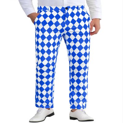 Lars Amadeus Blue Argyle Pattern Pants for Men's Regular Fit Flat Front Party Prom Dress Trousers 32 Blue White