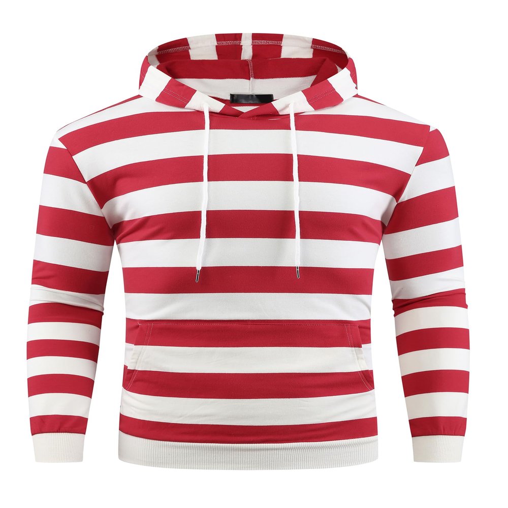 Lars Amadeus Red White Striped Sweatshirt for Men's Long Sleeves Drawstring Pullover Hooded Sweatshirts Hoodie X-Large Red White