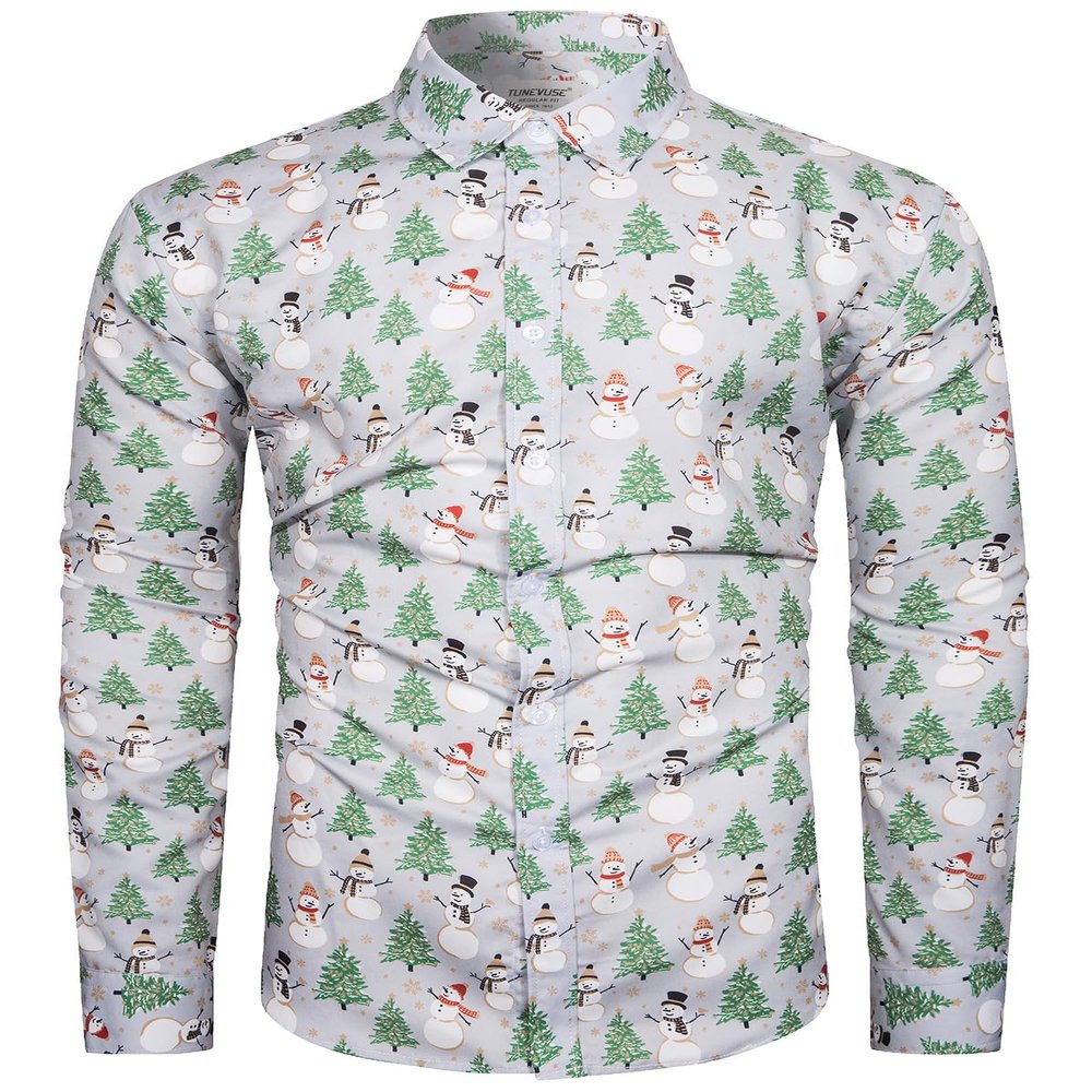 TUNEVUSE Holiday Season Gift-Mens Christmas Shirt Novelty Ugly Santa Claus Long Sleeve Funny Button Down Shirt for Party Gray Small