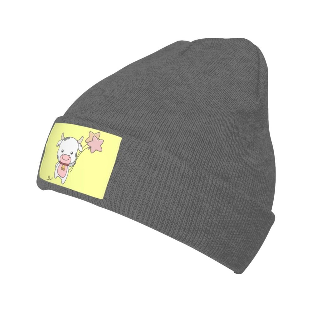 MULIHU Cute Cartoon Cow Handheld Balloon Beanie Hat for Men Women Winter Warm Knit Hats Ski Hat Skull Cap Deep Heather