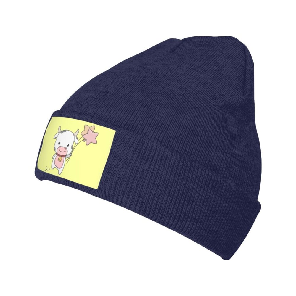 MULIHU Cute Cartoon Cow Handheld Balloon Beanie Hat for Men Women Winter Warm Knit Hats Ski Hat Skull Cap Navy Blue