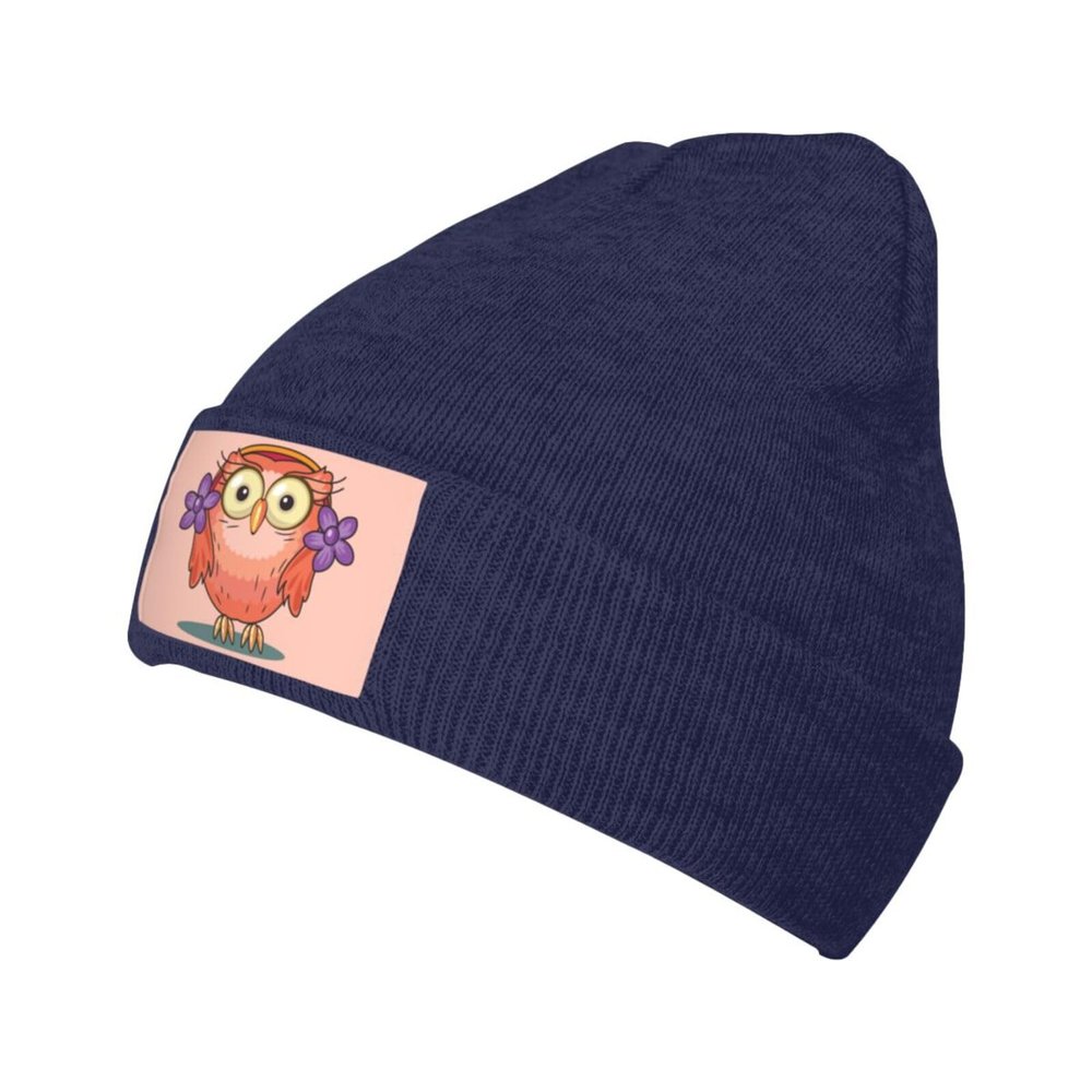 Cute Cartoon Flower Owl Beanie Hat for Men Women Winter Warm Knit Hats Ski Hat Skull Cap Navy Blue