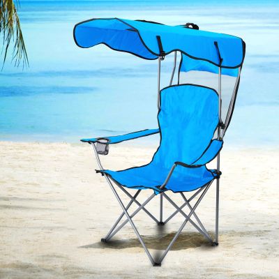 Washranp Camping Chair with Canopy Shade,Portable Folding Beach Chair with Sun Shade Cup Holder Side Pocket for Camp Beach Outdoor Blue