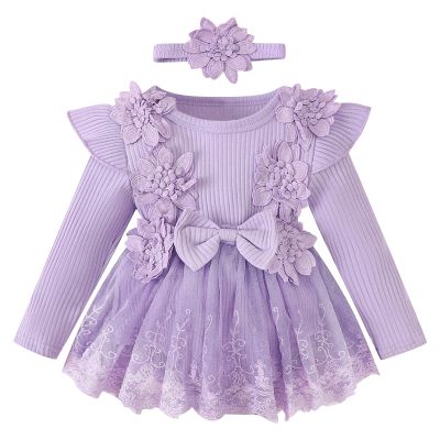 ABAFIP Newborn Baby Girl Ribbed Romper Dress Ruffle Knit Long Sleeve Floral Lace Tutu Dress Fall Outfits Purple 9-12 Months