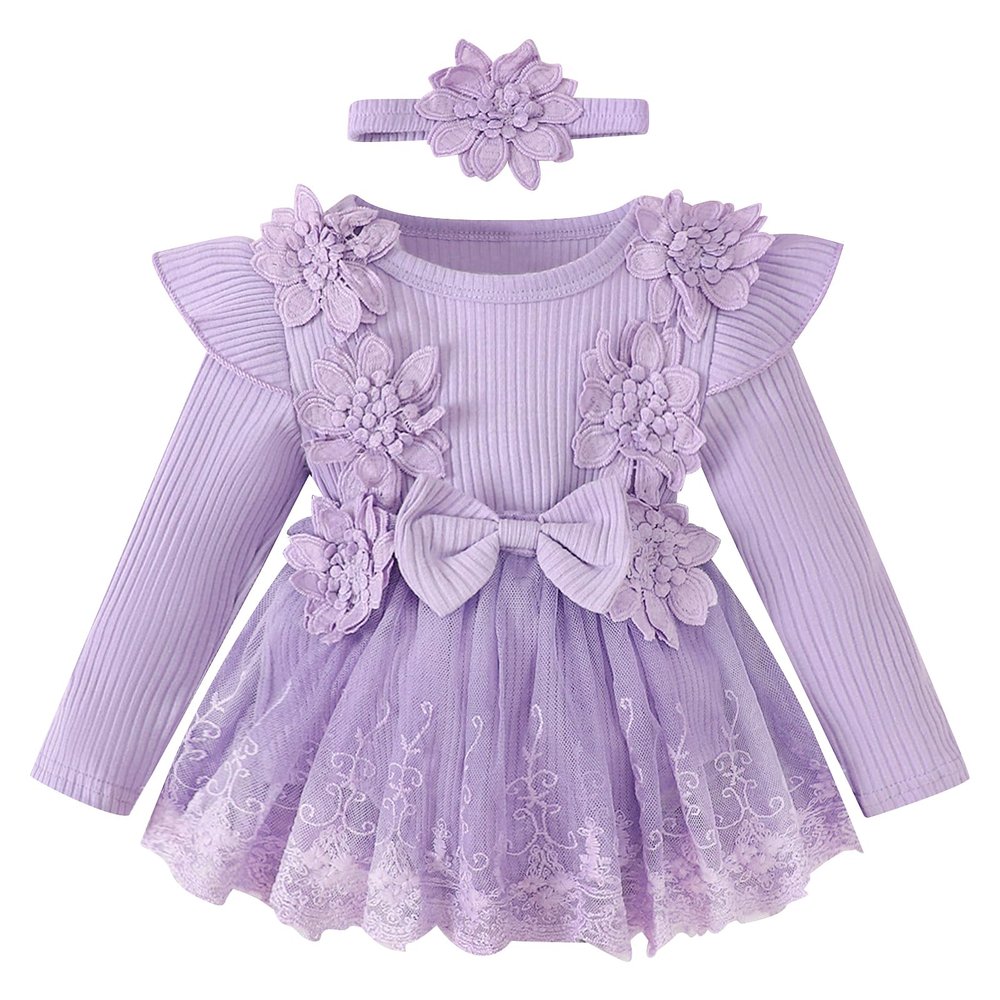 ABAFIP Newborn Baby Girl Ribbed Romper Dress Ruffle Knit Long Sleeve Floral Lace Tutu Dress Fall Outfits Purple 9-12 Months
