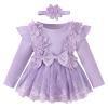 ABAFIP Newborn Baby Girl Ribbed Romper Dress Ruffle Knit Long Sleeve Floral Lace Tutu Dress Fall Outfits Purple 9-12 Months view 1