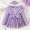 ABAFIP Newborn Baby Girl Ribbed Romper Dress Ruffle Knit Long Sleeve Floral Lace Tutu Dress Fall Outfits Purple 9-12 Months view 2