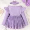 ABAFIP Newborn Baby Girl Ribbed Romper Dress Ruffle Knit Long Sleeve Floral Lace Tutu Dress Fall Outfits Purple 9-12 Months view 3