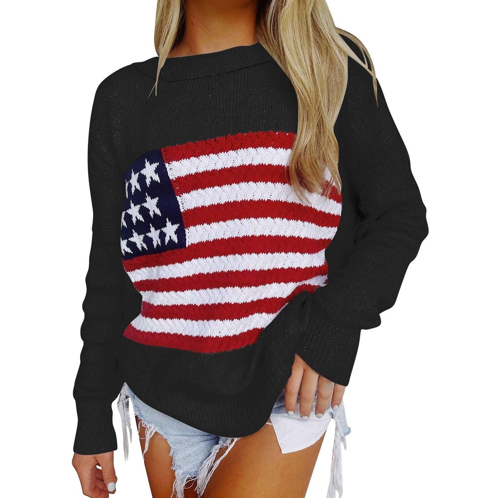 American Flag Sweater Women Fall Long Sleeve Crewneck Casual Cute Pullover Tops Loose Comfy Knitwear Jumper Tops