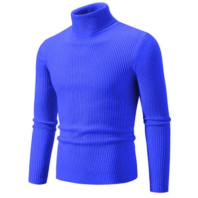 Mens Knitted Turtleneck Slim Fit Sweater Long Sleeve Turtle Neck Ribbed Pullover Sweaters Casual Basic Stretch Tops Blue