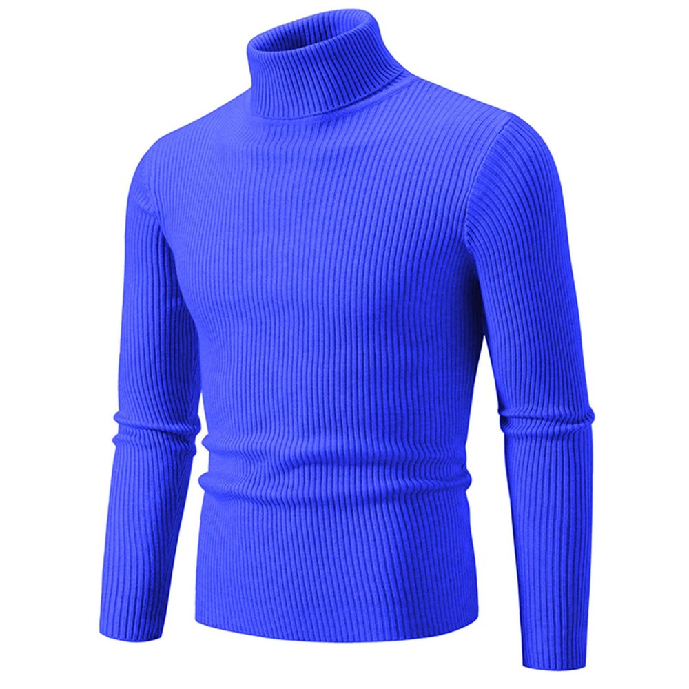Mens Knitted Turtleneck Slim Fit Sweater Long Sleeve Turtle Neck Ribbed Pullover Sweaters Casual Basic Stretch Tops Blue