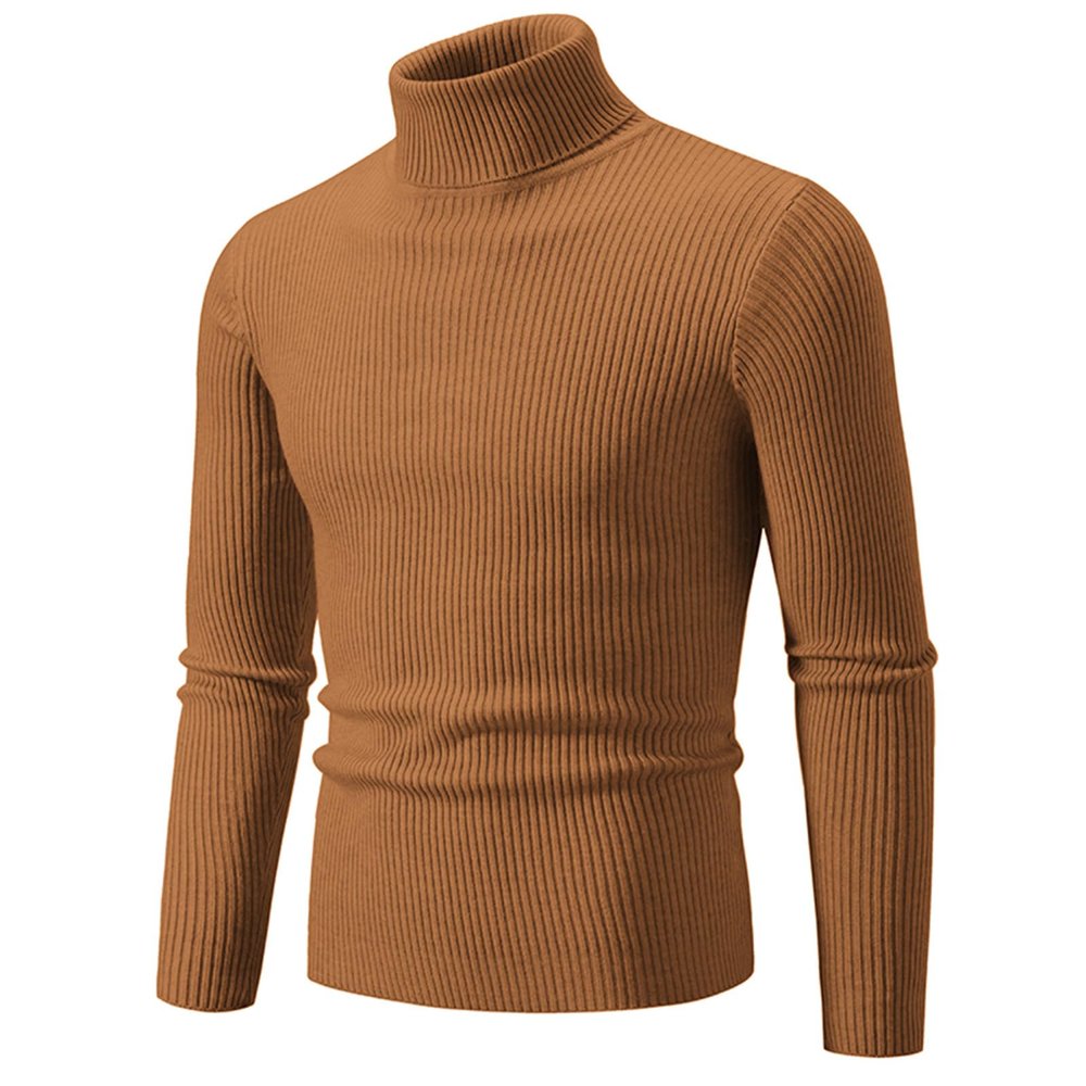 Mens Knitted Turtleneck Slim Fit Sweater Long Sleeve Turtle Neck Ribbed Pullover Sweaters Casual Basic Stretch Tops Brown