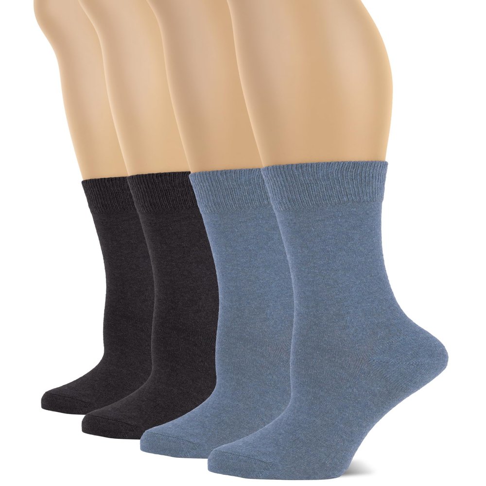 Hugh Ugoli Women's Cotton Crew Socks & Plain Color, Regular Fit, Soft Casual Socks for Trouser, 4 Pairs, Indigo/Dark Gray, Shoe Size: 6-9