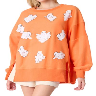 TACSTRUN Women's Halloween Sequin Sweatshirts Skeleton Spooky Ghost Graphic Long Sleeve Crewneck Pullover Sweater Tops,Orange,XX-Large