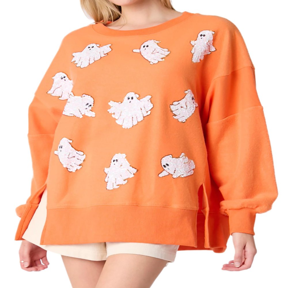 TACSTRUN Women's Halloween Sequin Sweatshirts Skeleton Spooky Ghost Graphic Long Sleeve Crewneck Pullover Sweater Tops,Orange,XX-Large