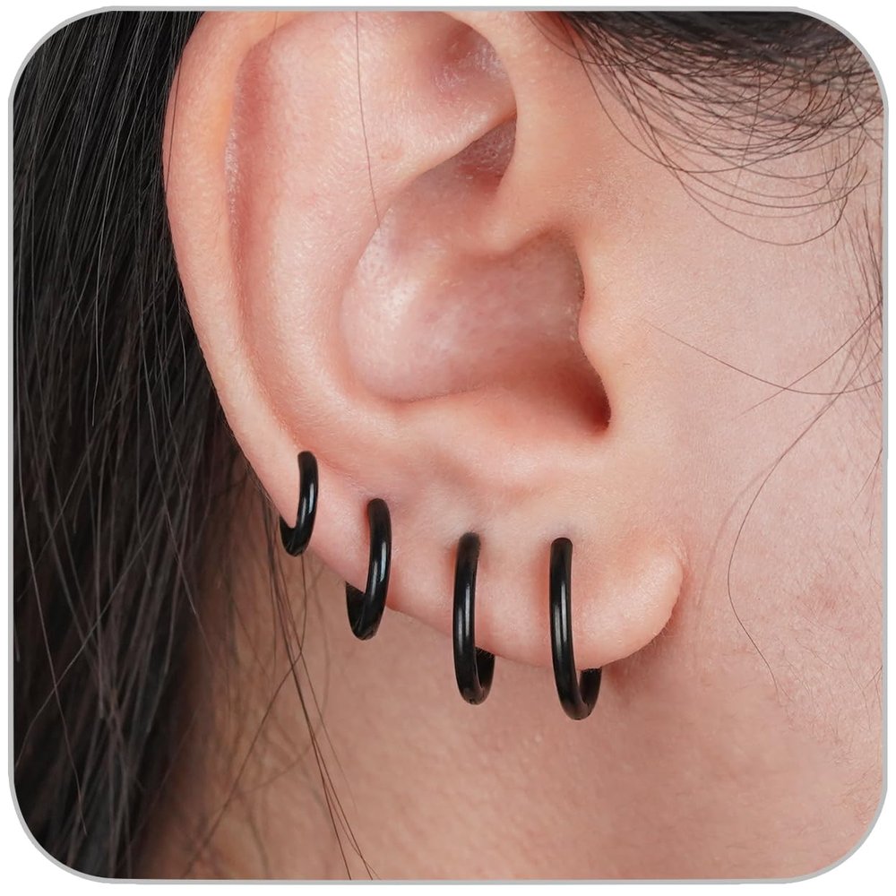 4 Pairs Black Earrings for Men Women, 316L Surgical Stainless Steel Small Hoop Earrings Hypoallergenic Non Tarnish Cartilage Hoop Earrings for Multiple Piercing Huggie Earrings Jewelry (Black-1.6mm)