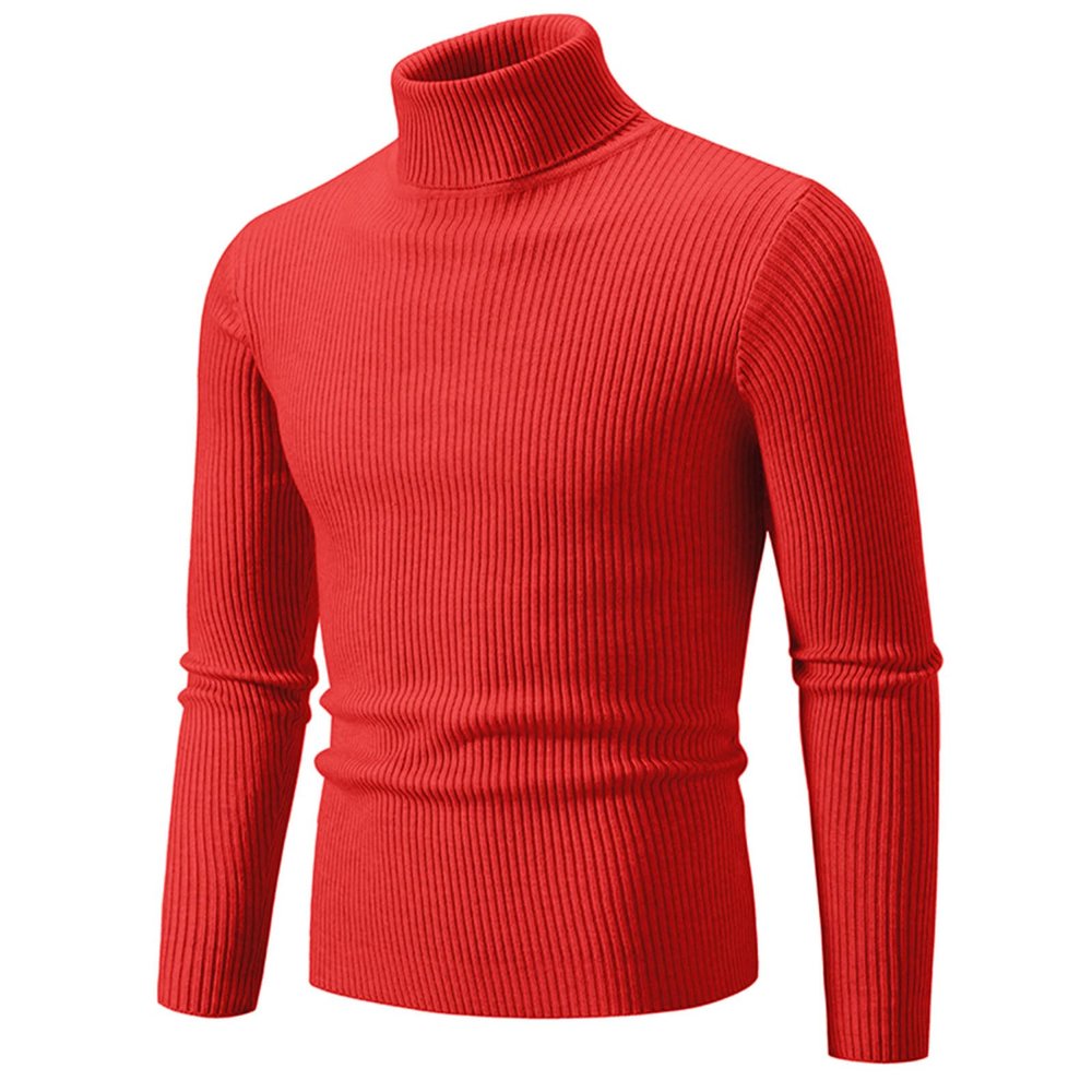 Mens Knitted Turtleneck Slim Fit Sweater Long Sleeve Turtle Neck Ribbed Pullover Sweaters Casual Basic Stretch Tops Red