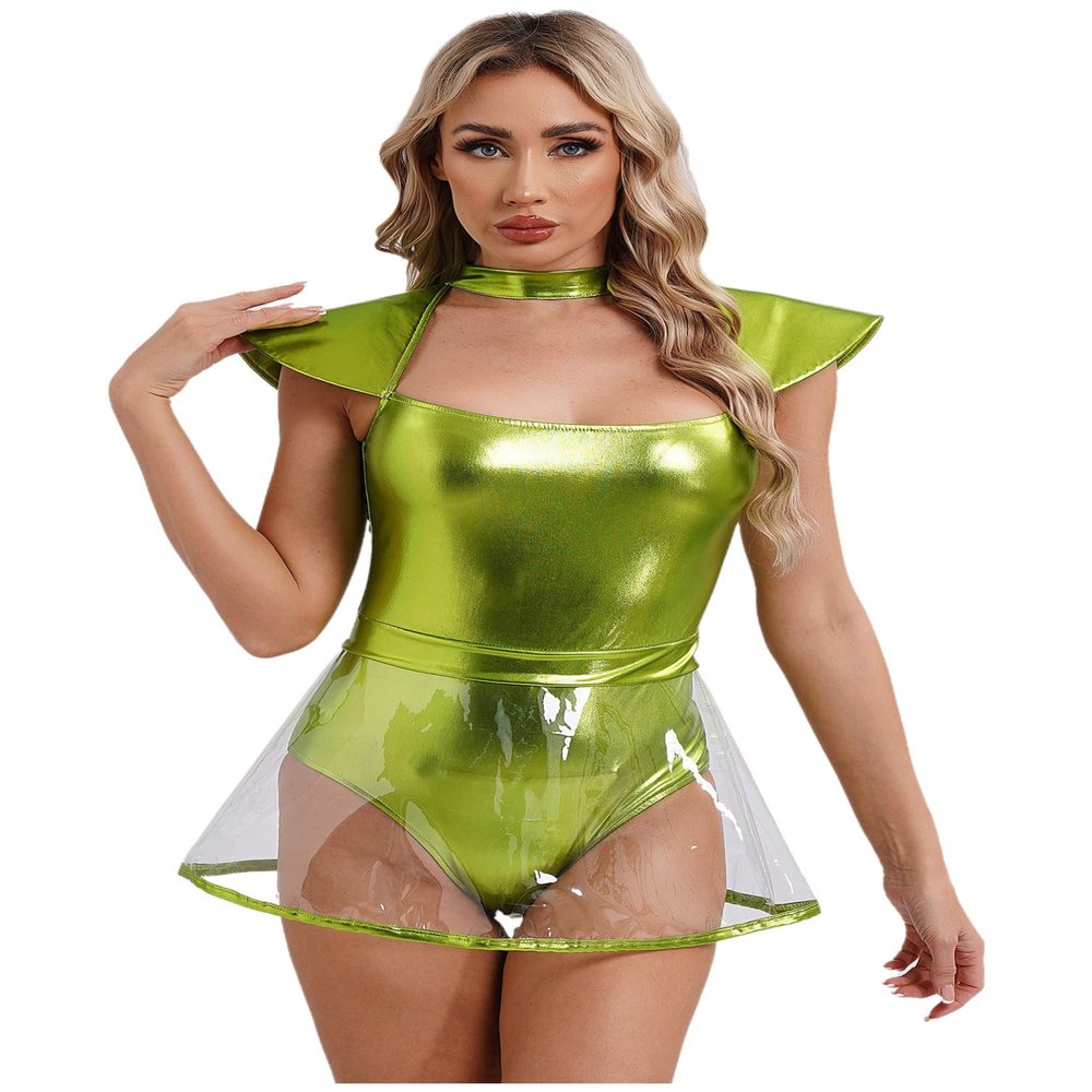 winying Women Halloween Stage Show Alien Bodysuit Metallic Sleeveless Skirts Bodysuit Carnival Costume Fluorescent Green XX-Large