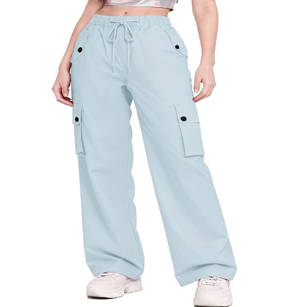 Betusline Girl's High Waist Wide Leg Cargo Pants Y2K Parachute Pants with Pockets and Drawstring, Light Blue, 11-12 Years = Tag 160